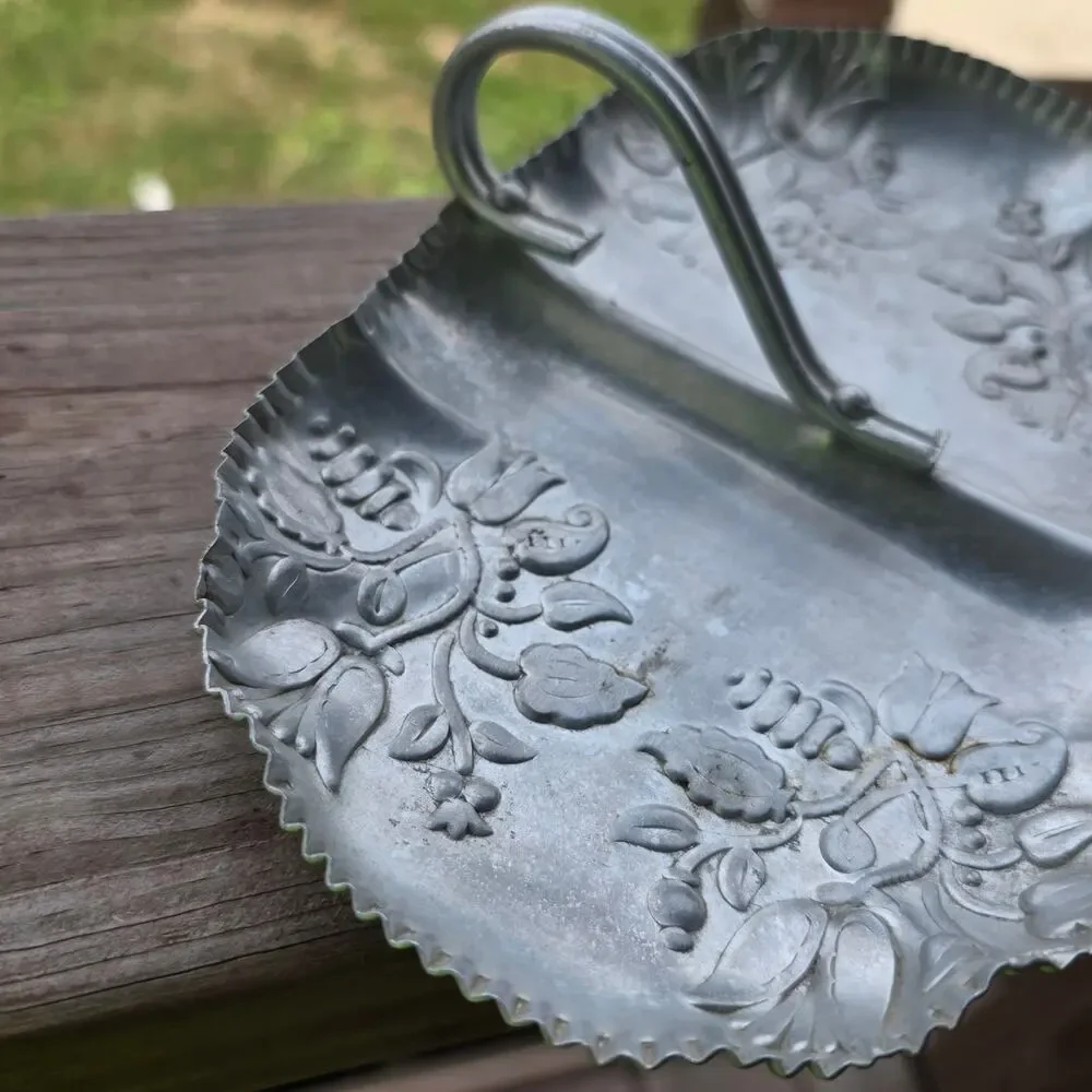 Vintage Embossed Aluminum Divided Serving Tray w/ Handle
